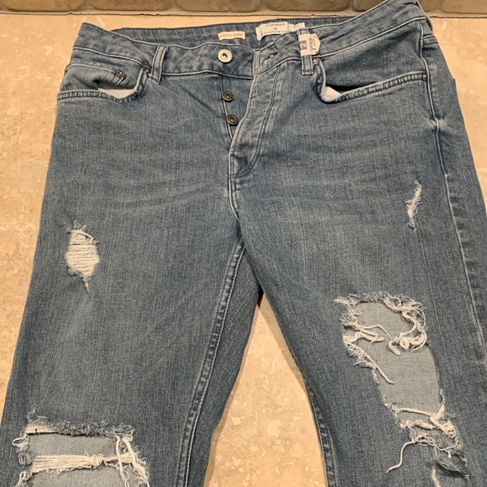 Topman heavily distressed jeans, size 32s, metallic blue